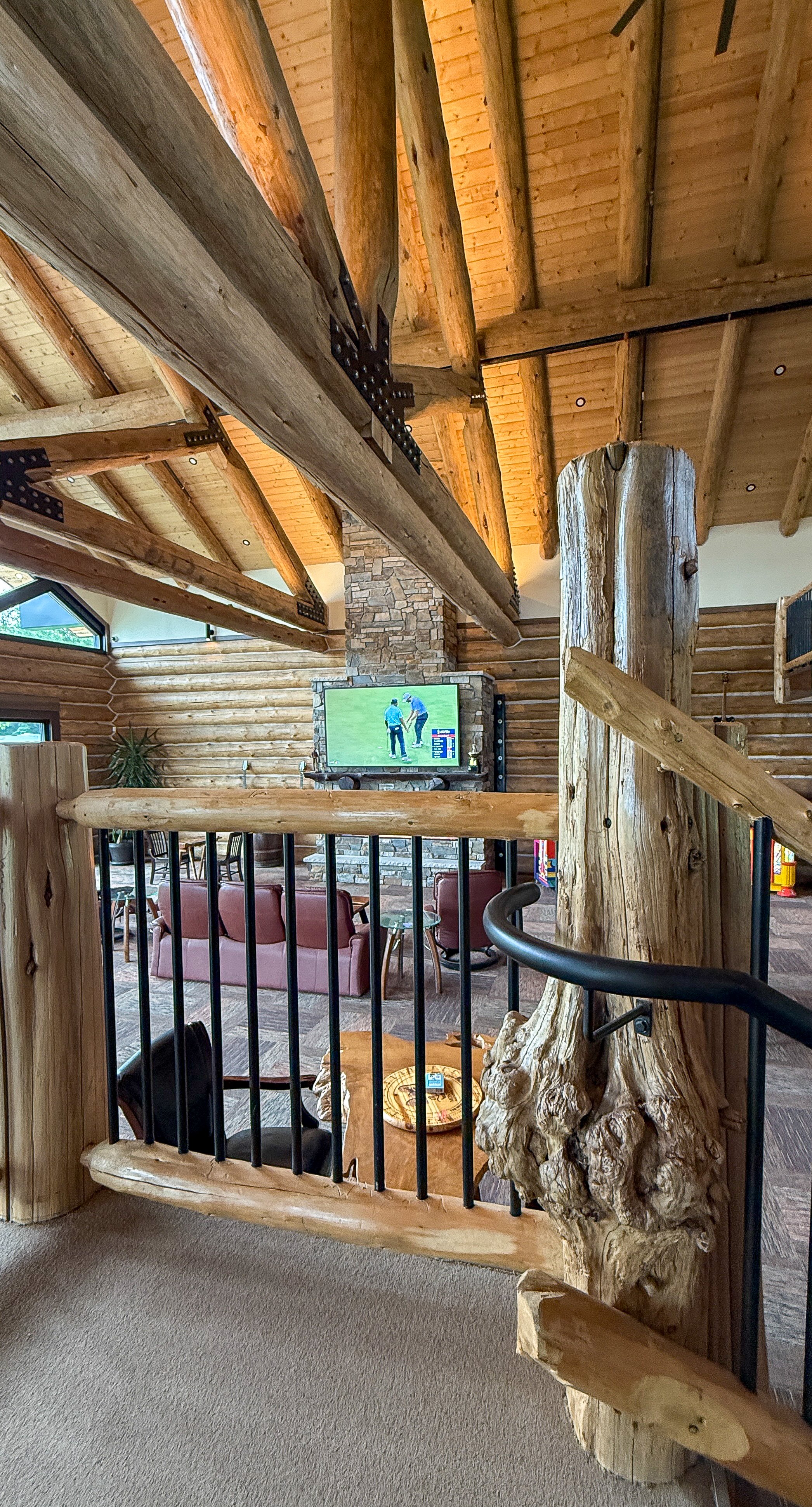 Looking from the upper-level railing down to the lounge seating and TV on the lower level