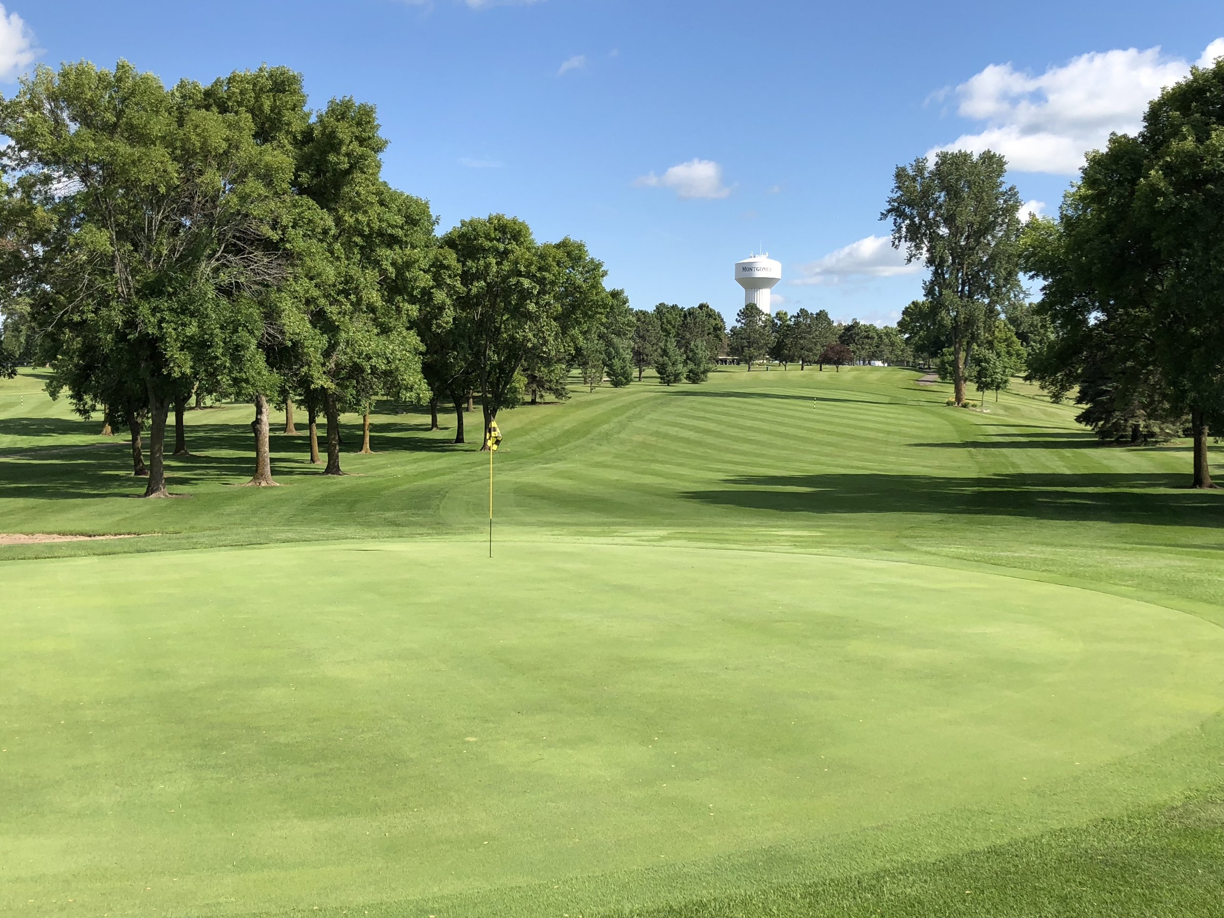 A flagged green and a tree-lined fairway with the water tower in the distance at Montgomery National