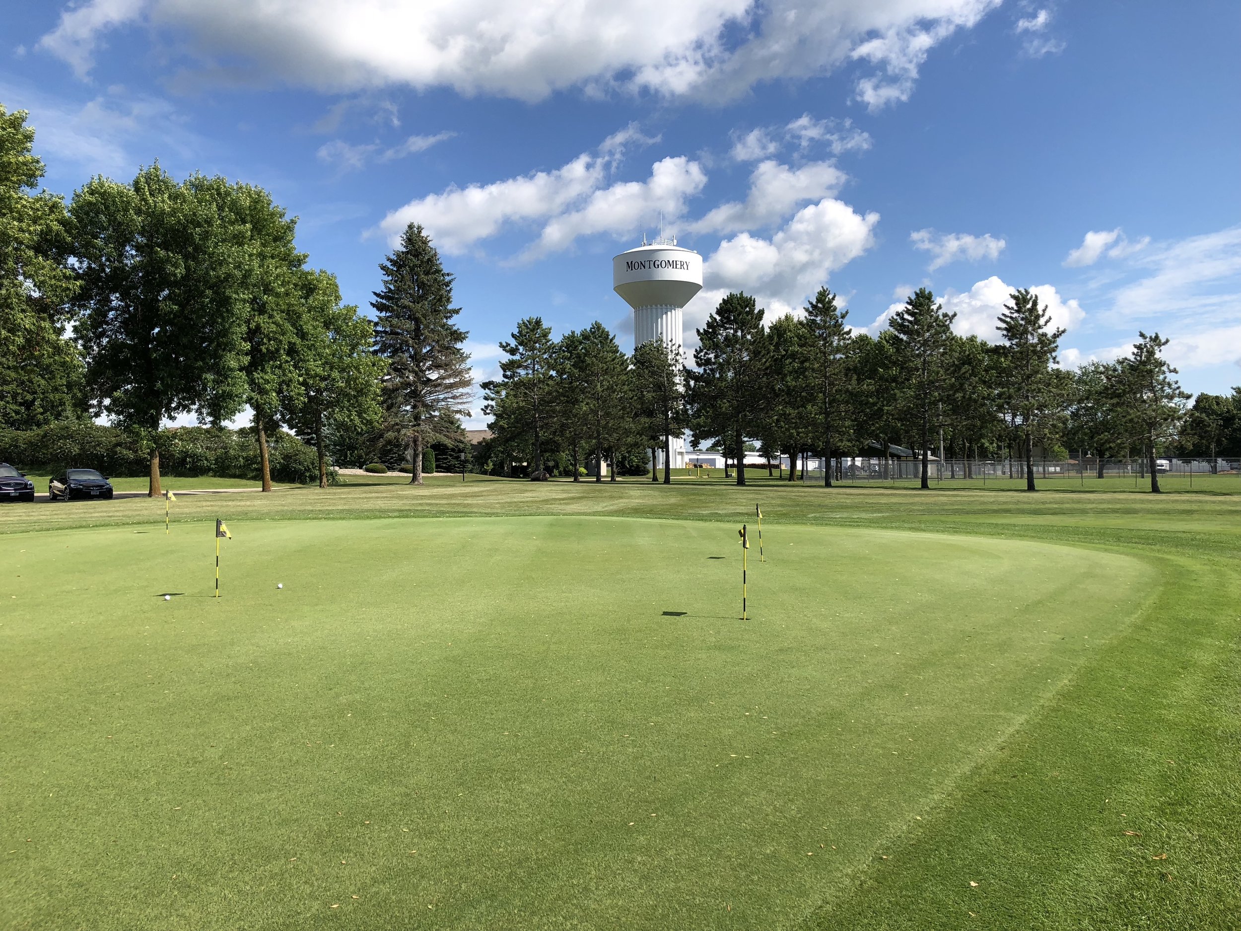 A putting green with several practice flags, with the Montgomery water tower beyond the trees