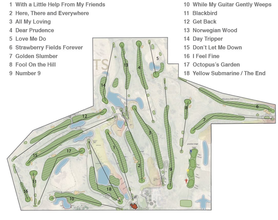Hole routing map from Montgomery National's 2021 scorecard, showing all 18 numbered holes and the practice range, with the hole names listed: 1 With a Little Help From My Friends, 2 Here, There and Everywhere, 3 All My Loving, 4 Dear Prudence, 5 Love Me Do, 6 Strawberry Fields Forever, 7 Golden Slumber, 8 Fool On the Hill, 9 Number 9, 10 While My Guitar Gently Weeps, 11 Blackbird, 12 Get Back, 13 Norwegian Wood, 14 Day Tripper, 15 Don't Let Me Down, 16 I Feel Fine, 17 Octopus's Garden, 18 Yellow Submarine / The End