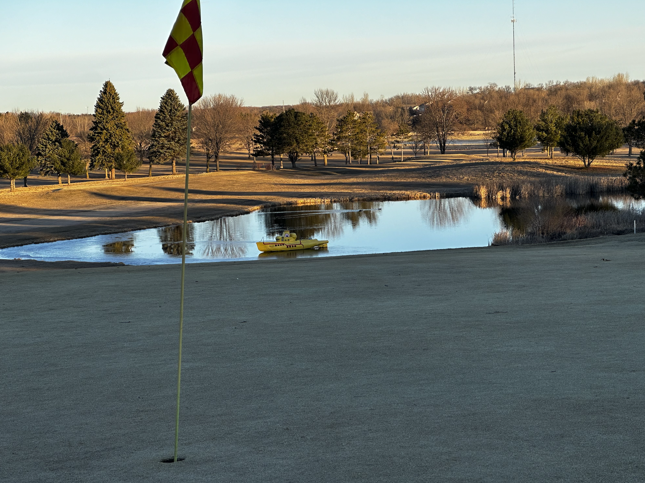 A checkered flag on a green beside the pond with the yellow submarine, in low sun