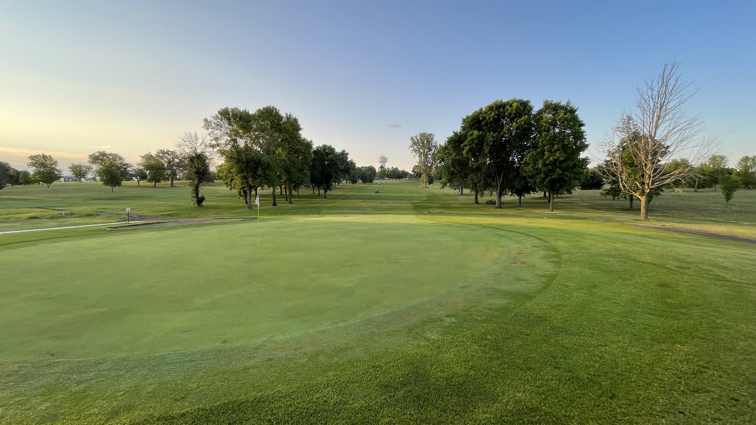 A putting green in low sun, lined with trees, at Montgomery National