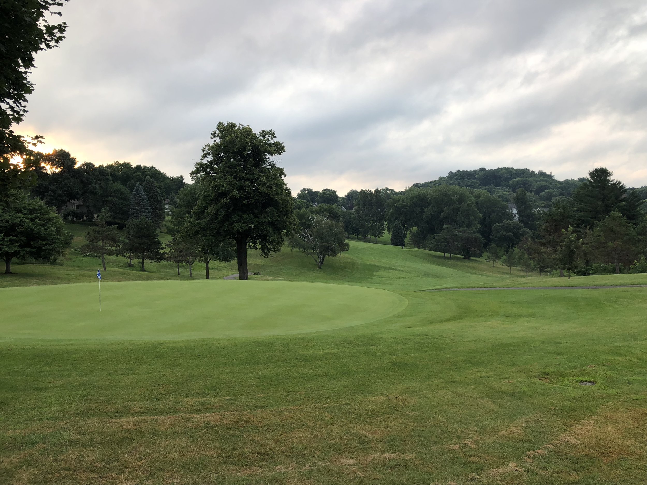 A green below a wooded hillside under a cloudy sky at Montgomery National