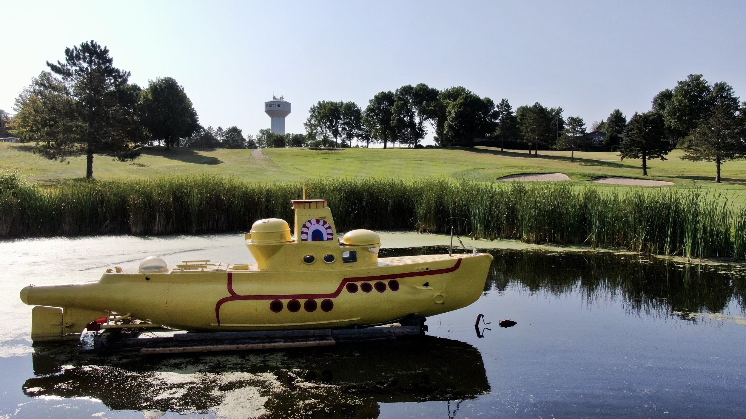 The yellow submarine in the pond on the 18th hole at Montgomery National Golf Club